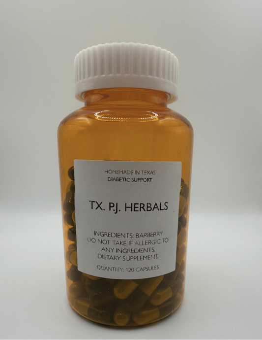 Bottle of Barberry Diabetes support capsules by TX. PJ. Herbals for blood sugar regulation, containing 120 capsules