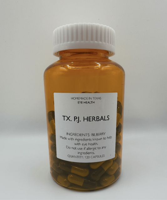 Amber bottle of Bilberry Capsules for optimal eye health with white cap and label showing product details
