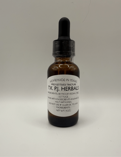 Brown glass dropper bottle of Wild Lettuce Tincture by TX P.J. Herbals for natural pain relief.