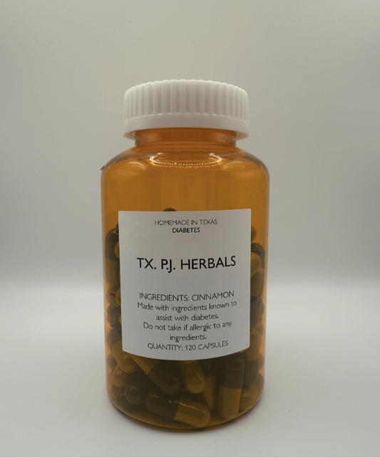 Amber bottle of cinnamon capsules for diabetic support by TX. PJ. Herbals with 120 capsules inside
