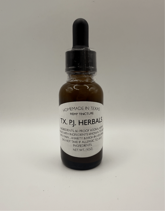 Brown glass dropper bottle of hemp tincture for anxiety relief labeled Homemade in Texas TX PJ Herbals with 80 proof vodka ingredients on white background