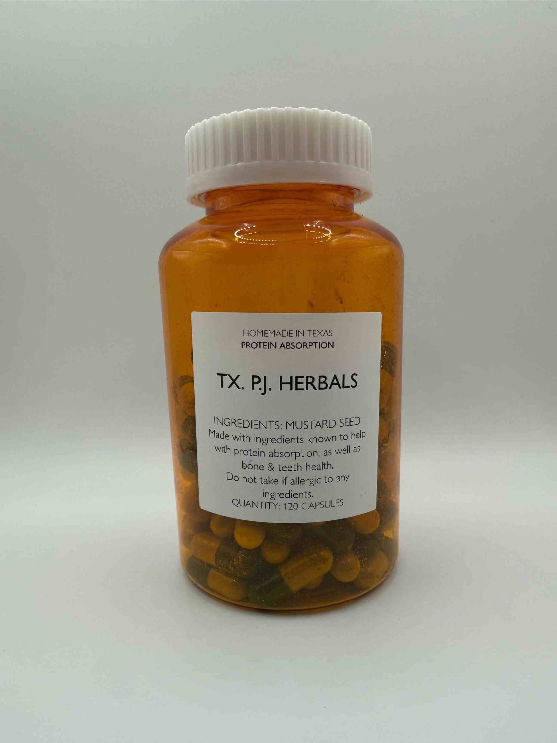 Amber bottle of Mustard Seed Capsules for digestive support with white cap and label showing ingredients and usage details