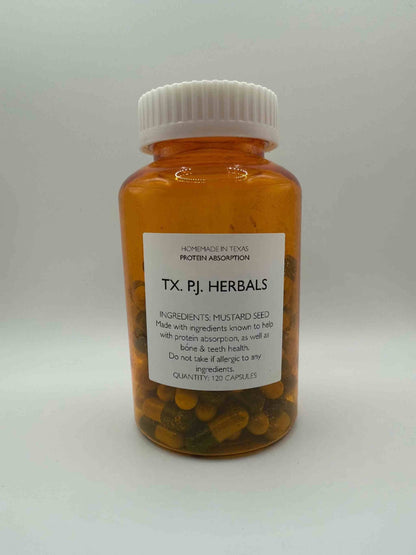 Amber bottle of Mustard Seed Capsules for digestive support with white cap and label showing ingredients and usage details