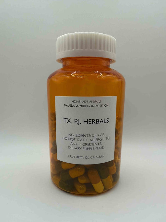Amber bottle of ginger capsules for nausea, vomiting, and indigestion relief from TX P.J. Herbals, containing 120 capsules.