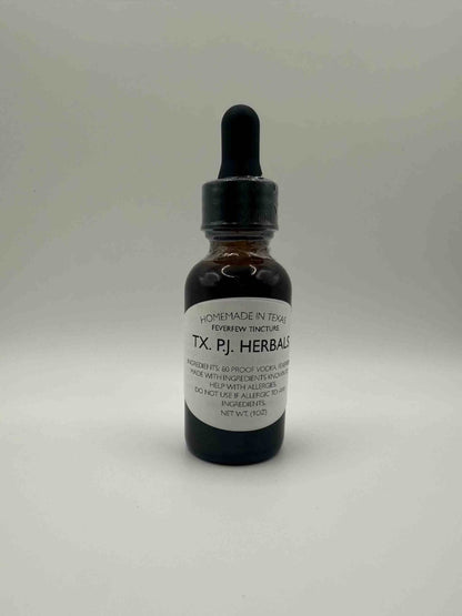 Organic Feverfew Tincture in a dark glass dropper bottle for natural migraine relief