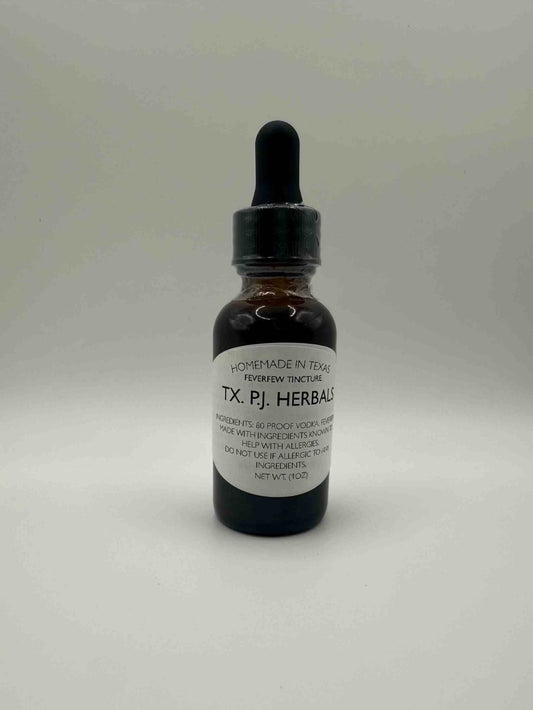Organic Feverfew Tincture in a dark glass dropper bottle for natural migraine relief