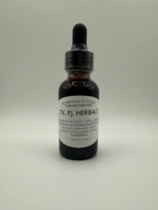 Dark glass dropper bottle of Cleavers Tincture herbal extract for lymphatic health and detox support.