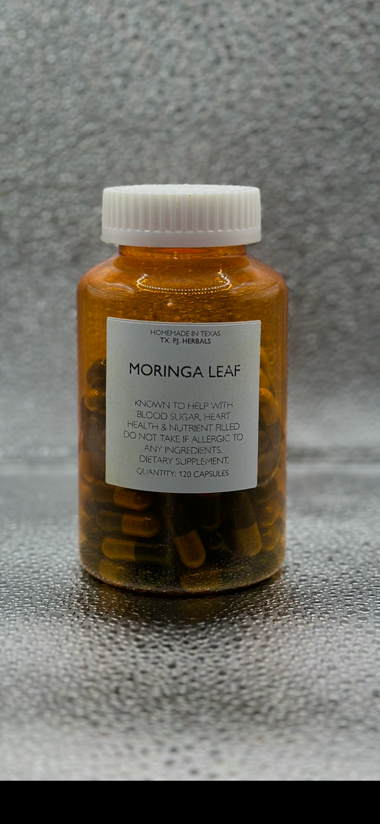 Moringa Leaf Capsules bottle with natural herbal supplement for blood sugar and heart health, 120 capsules.