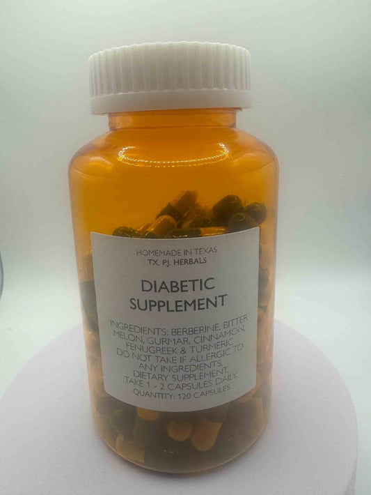 Amber bottle of organic diabetic supplement capsules with natural herbal ingredients label