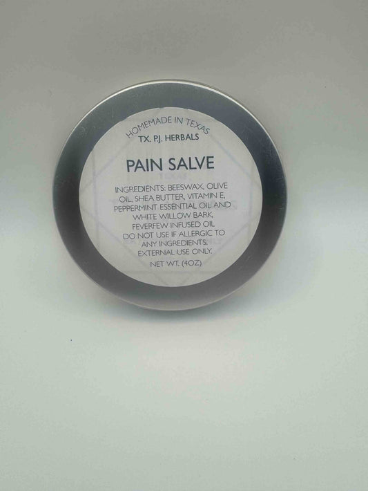 All-Natural Herbal Pain Relief Salve in a round container with natural ingredient label