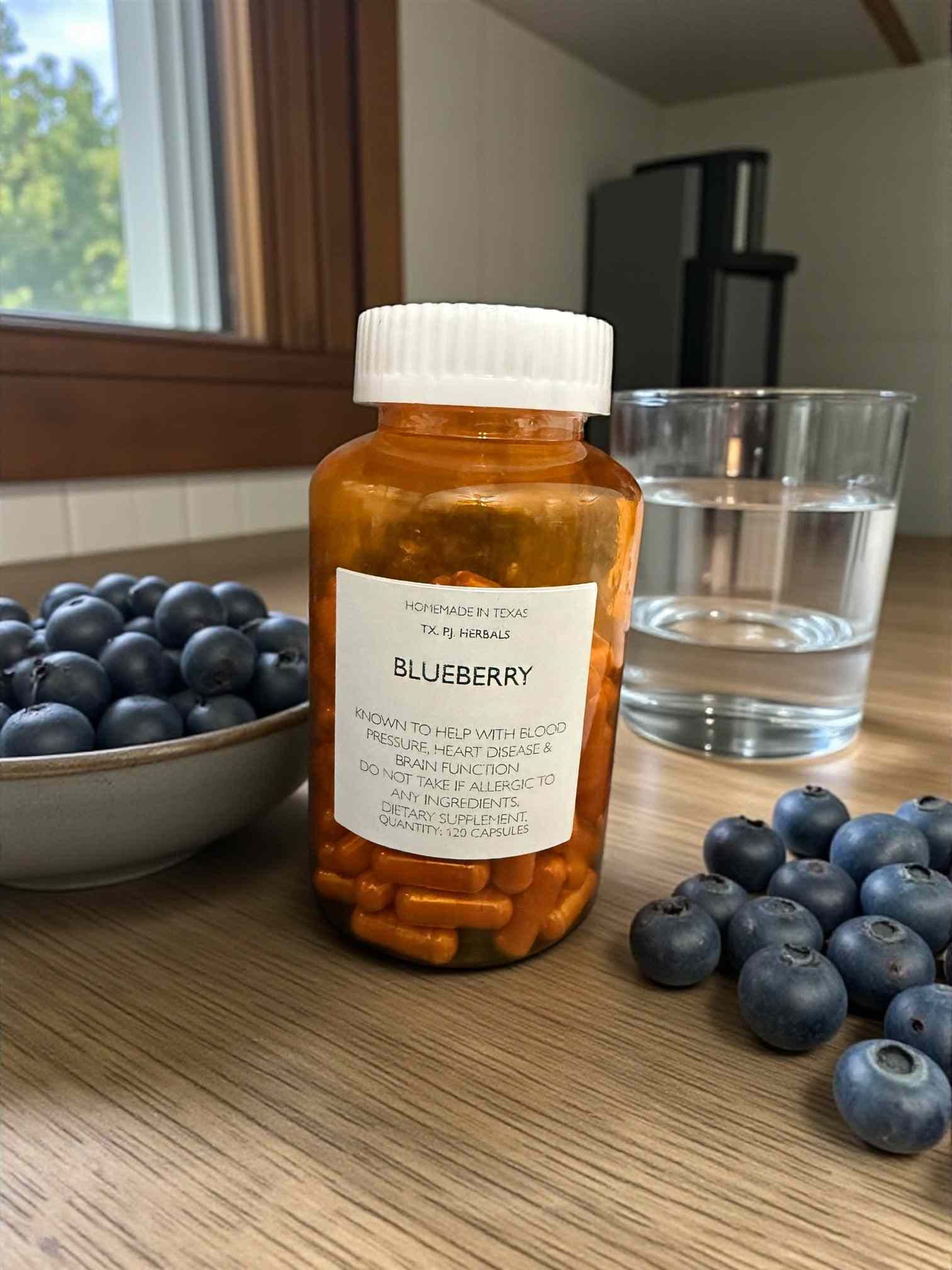 All-Natural Blueberry Supplement bottle with blueberries and green leaves on white background
