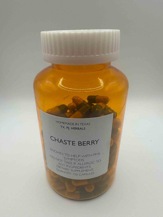 Bottle of Chaste Berry Capsules for PMS and hormone support with white cap and amber container