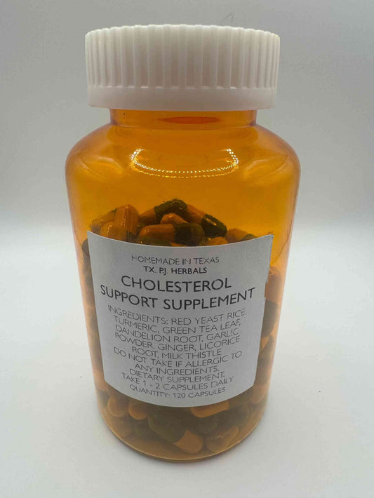 Organic Cholesterol Support supplement bottle with herbal capsules for natural cholesterol health.