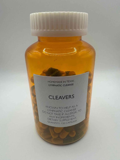Bottle of Cleavers Extract capsules for lymphatic cleanse and detoxification