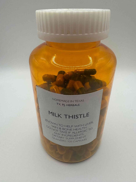 Amber bottle of Milk Thistle Capsules for liver health and cholesterol support with white cap