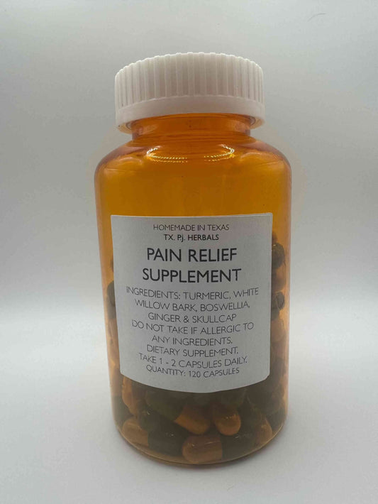 Amber bottle of all-natural pain relief supplement capsules with herbal ingredients label