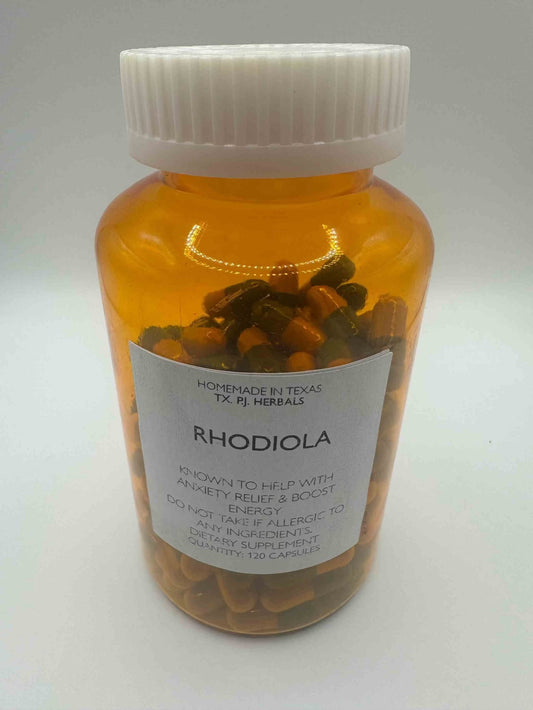 Bottle of Rhodiola Rosea Capsules for anxiety relief and energy boost with 120 capsules inside