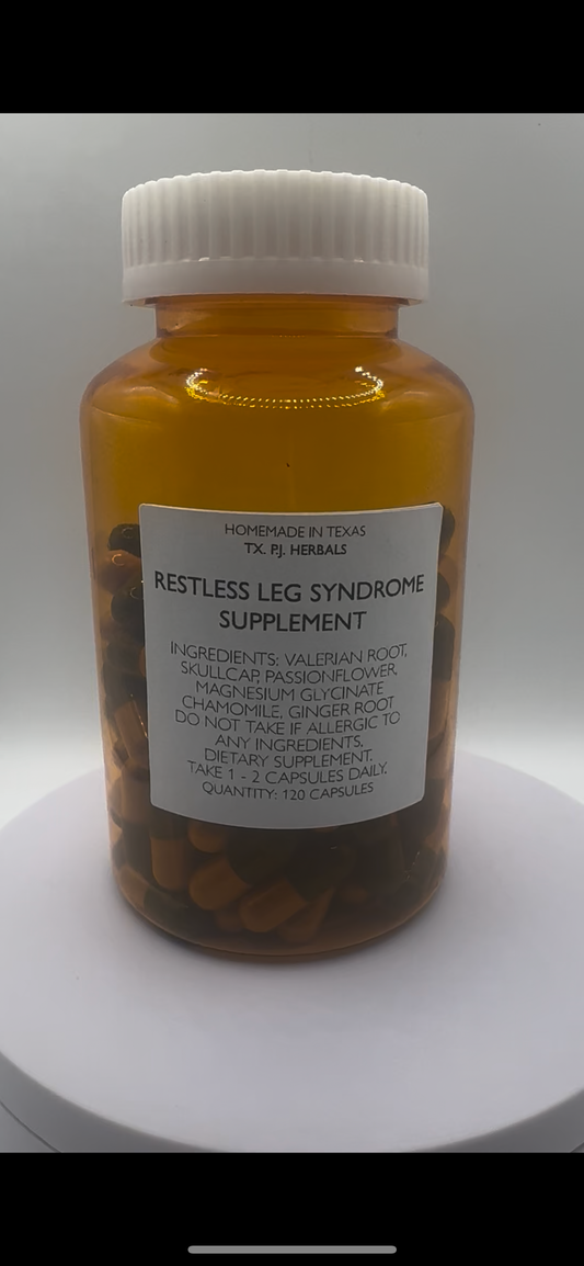 Amber bottle of Organic Restless Leg Syndrome Supplement capsules with herbal ingredients label