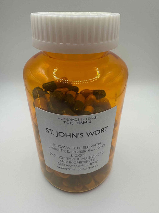 Amber bottle of St. John's Wort capsules for anxiety, depression, ADHD, and OCD relief.